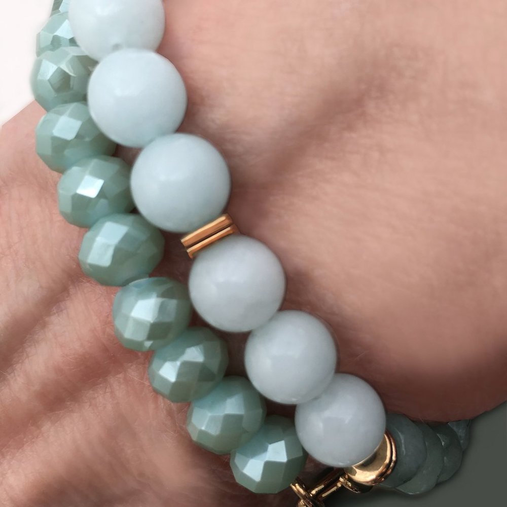 Pair of New, Aquamarine & Jade Gemstone Braclets